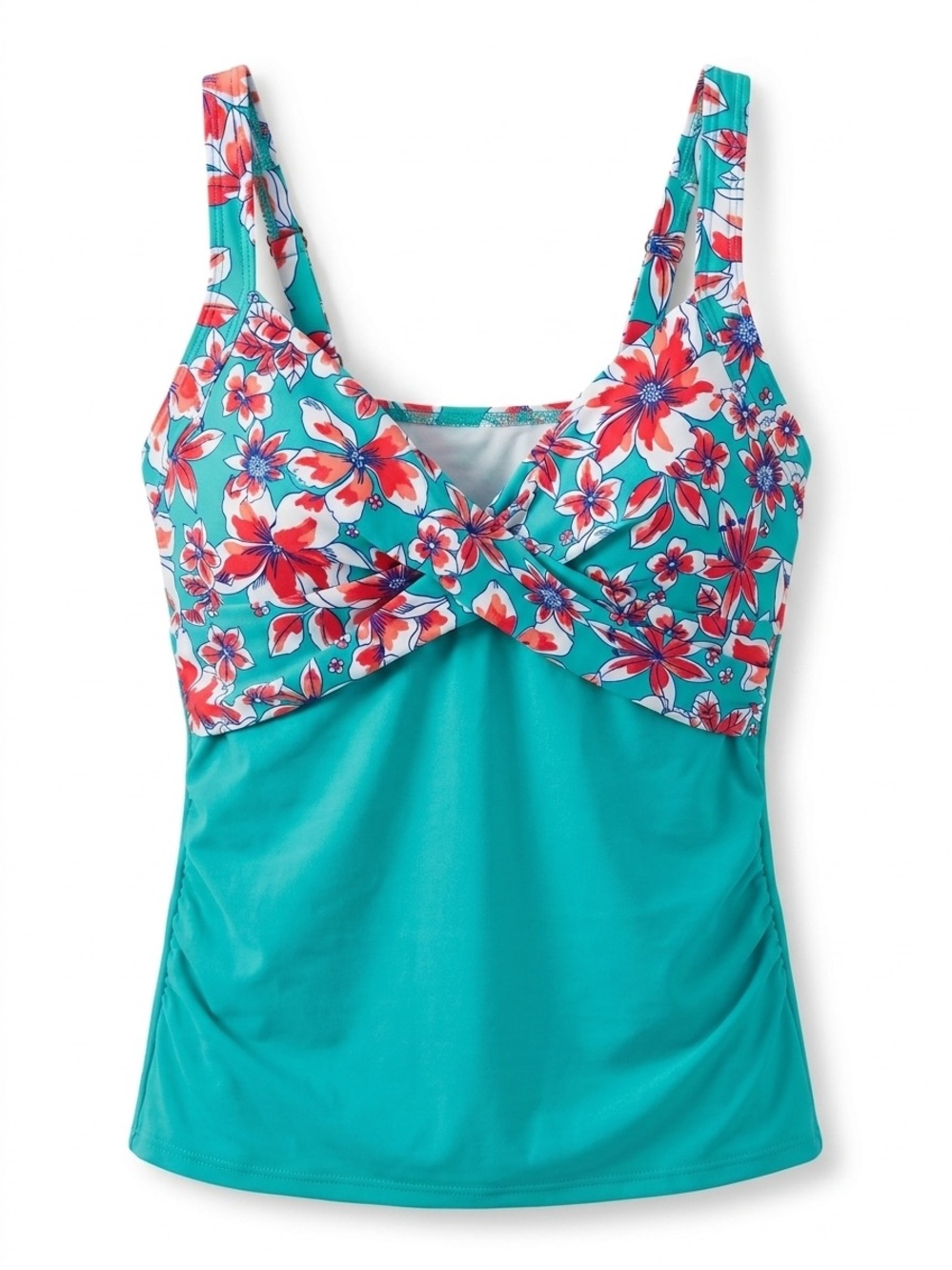 Lands' End Teal Tankini Top with Coral Floral Bust - 10D